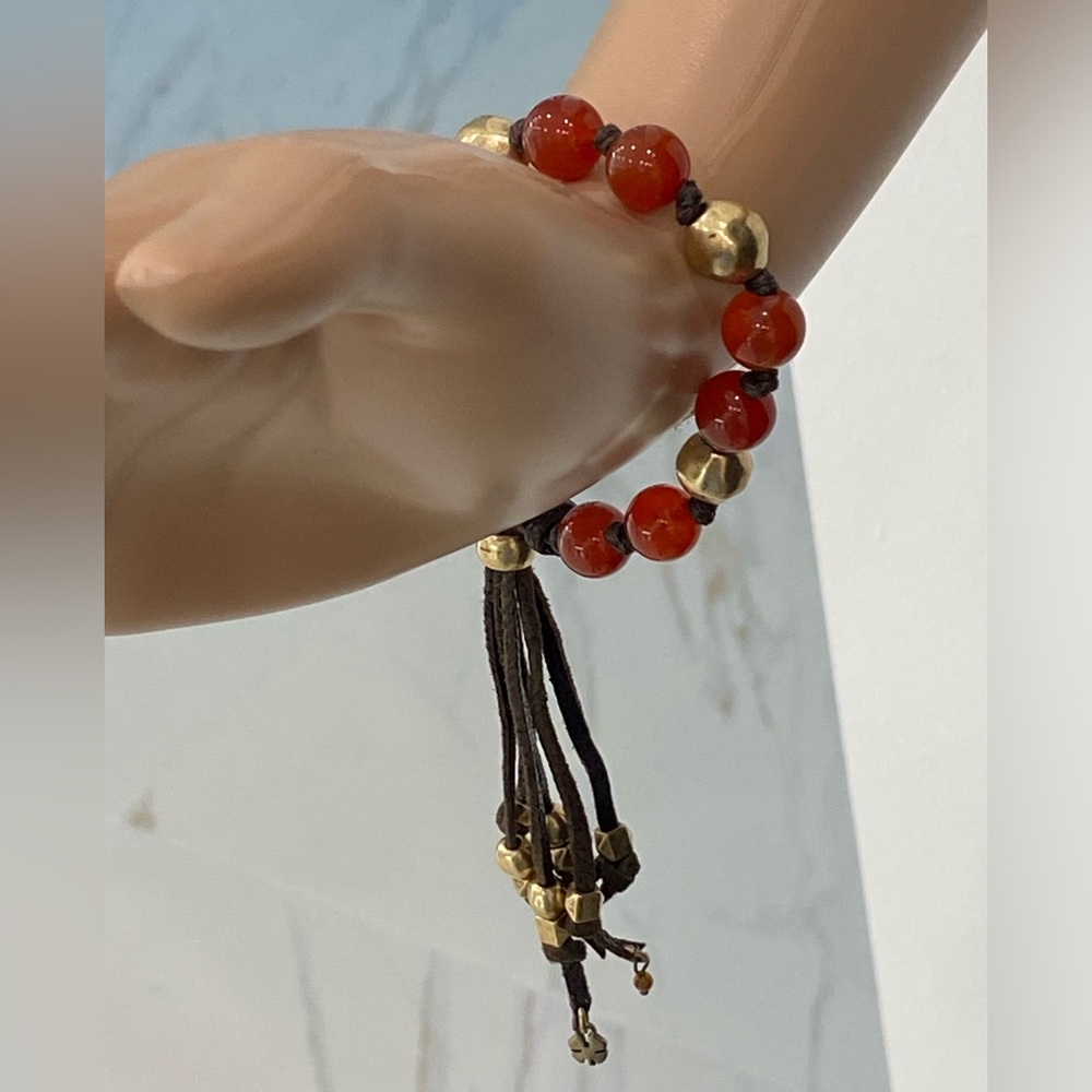 NWOT Lucky Brand Red-Orange and Goldtone Beaded, Leather Tassled Bracelet
